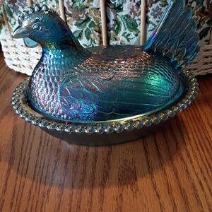 Indiana Glass Iridescent Blue Glass Hen On A Nest.
